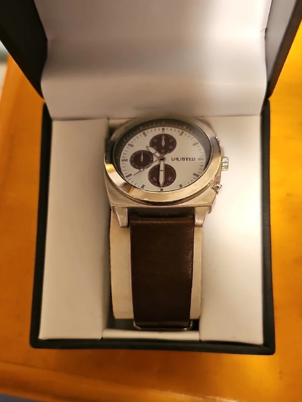 Unlisted by Kenneth Cole Silver Case Watch with Brown Leather Strap